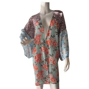 NWT-Mixed Print Floral Leopard Kimono/Coverup Open Front Blue Coral Small